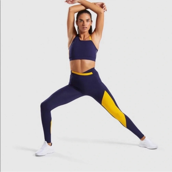Gymshark Navy Blue Yellow High Rise Asymmetrical Crossover Leggings Size Small - Picture 12 of 12